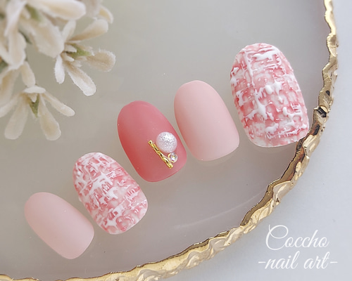 No.134 ジェルネイル ネイルチップ ツイード ピンク パール 可愛い