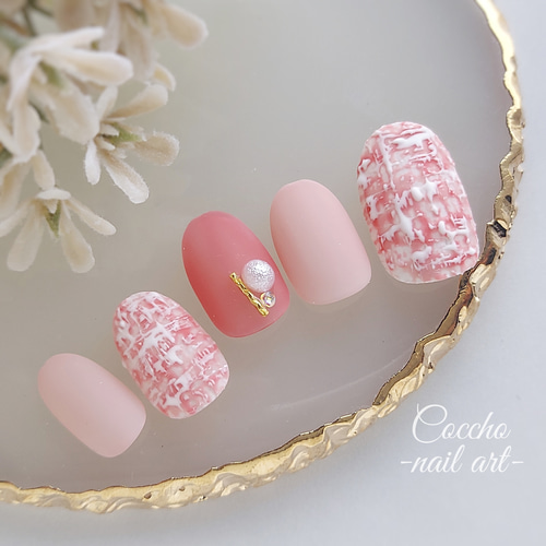 No.134 ジェルネイル ネイルチップ ツイード ピンク パール 可愛い