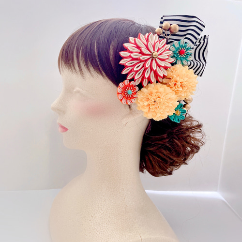 大正ロマンボタン寄せ　3点セット つまみ細工 髪飾り 【大正ロマン オレンジ×ターコイズブルー】成人式