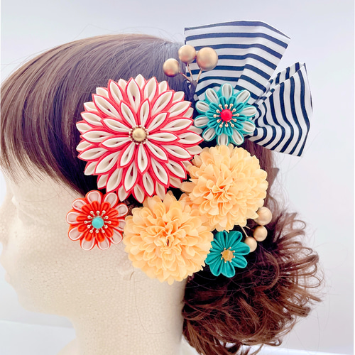 つまみ細工 髪飾り 【大正ロマン オレンジ×ターコイズブルー】成人式