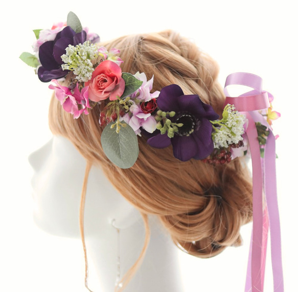 花冠 花かんむり アネモネ パープル ローズ バラ 薔薇 ライラック  