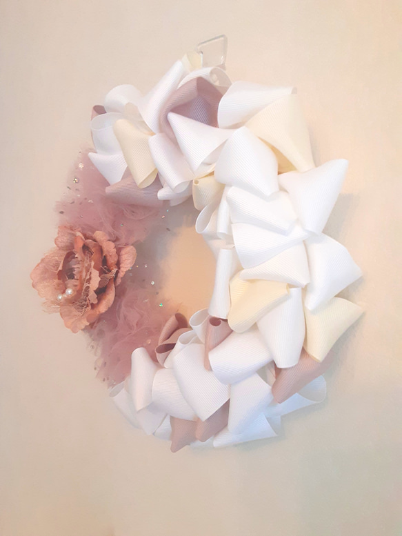 シャビーカラー ribbon wreath リボン&フラワー ピンク 2枚目の画像