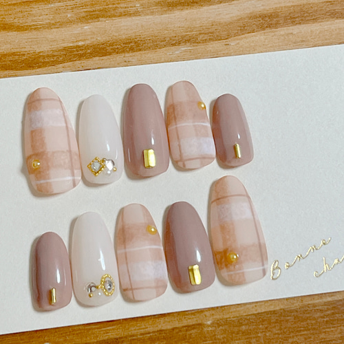 ネイルチップ チップオーダー チェック ガーリー ピンク パール 冬 マット