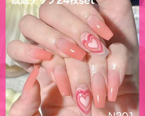 N201》既成ネイルチップ24枚セット ハート ピンク オレンジ ゆめかわ