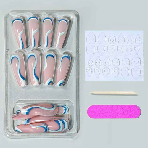 ねいるちっぷ N204》既成ネイルチップ24枚セット 青 大人 ロング スクエア 夏