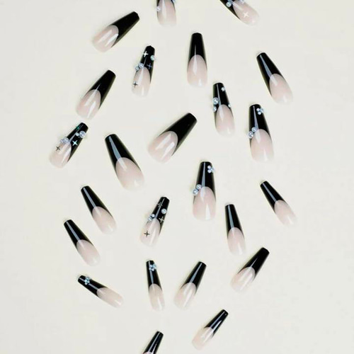 N218》既成ネイルチップ24枚セット 黒 フレンチ パール ゆめかわ