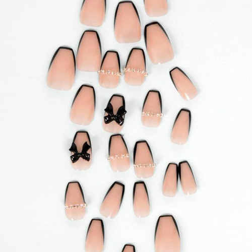 N227》既成ネイルチップ24枚セット 黒 フレンチ パール リボン