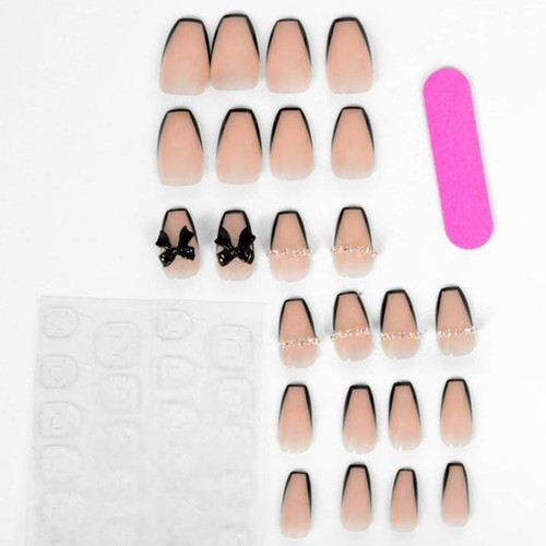 N227》既成ネイルチップ24枚セット 黒 フレンチ パール リボン