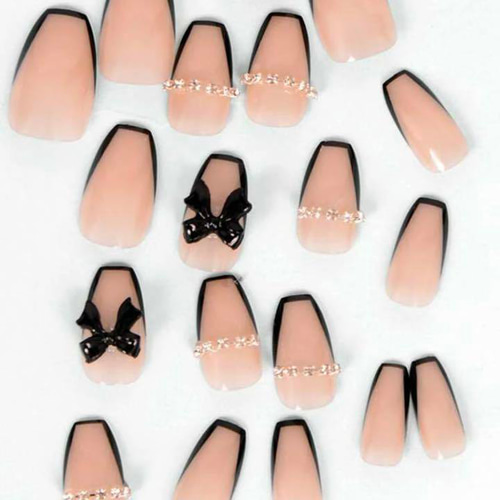 N227》既成ネイルチップ24枚セット 黒 フレンチ パール リボン