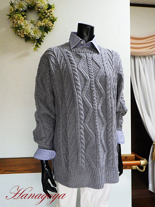 アラン編みチュニックセーター（グレー）サイズL　ハンドメイド