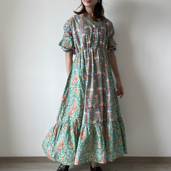 Frill Sleeve Dress / Length 128cm • • • Green/Blue 5枚目の画像