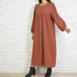 [L 碼] 蓬鬆袖褶皺連衣裙 &lt;Terracotta&gt; 第3張的照片