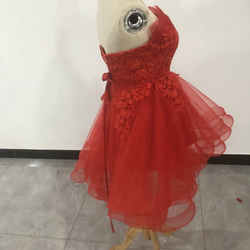 彩色連衣裙紅色優質蕾絲裸上衣魚尾派對禮服蓬鬆透視袖變色 第4張的照片