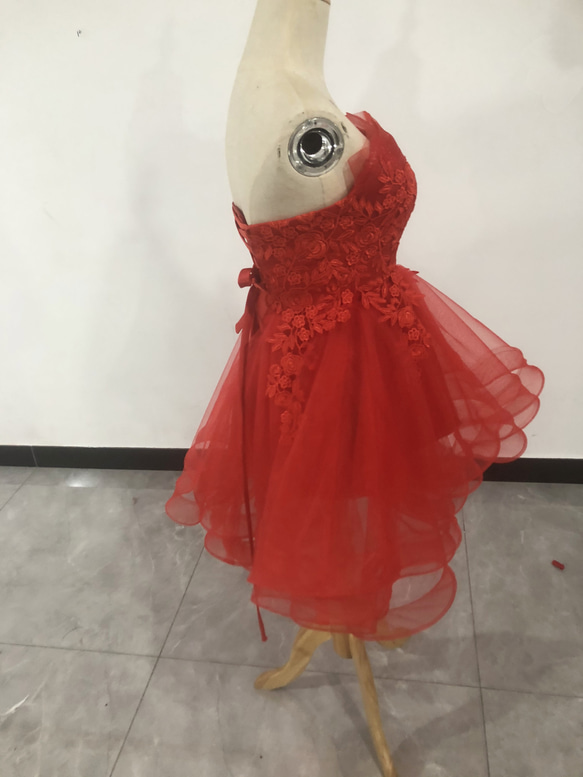 彩色連衣裙紅色優質蕾絲裸上衣魚尾派對禮服蓬鬆透視袖變色 第4張的照片