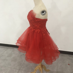 彩色連衣裙紅色優質蕾絲裸上衣魚尾派對禮服蓬鬆透視袖變色 第3張的照片