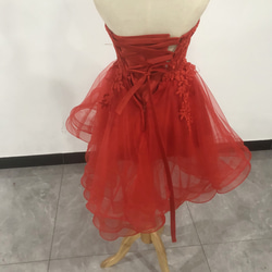 彩色連衣裙紅色優質蕾絲裸上衣魚尾派對禮服蓬鬆透視袖變色 第2張的照片