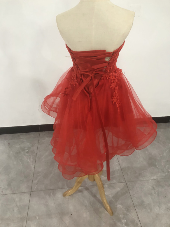 彩色連衣裙紅色優質蕾絲裸上衣魚尾派對禮服蓬鬆透視袖變色 第2張的照片