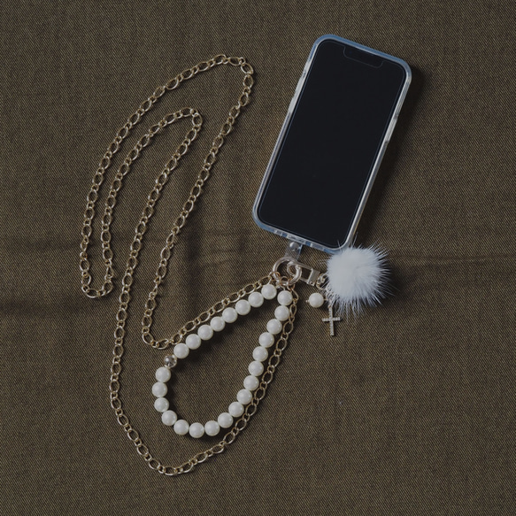 3way | 珍珠 x 金鍊智慧型手機肩帶 | 吊飾可供選擇 | 相容所有型號 | 1/2 排 | SS4 第14張的照片