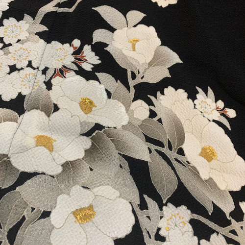 友禅 桜 椿の花 刺繍 本縮緬 訪問着のVネックマキシ丈フォーマル