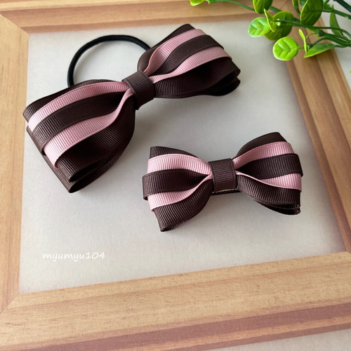 ブラウン×ピンクのバイカラーリボンの親子お揃いヘアアクセサリー