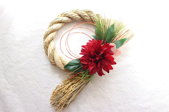 しめ縄リース　赤ダリア 赤ダリアしめ縄リース 2024 おしゃれしめ縄 しめ縄・しめ飾り