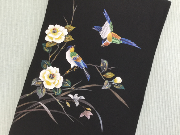 名古屋帯【小鳥と椿】黒色 手描き友禅 和装小物（帯・半襟） 文山染工 