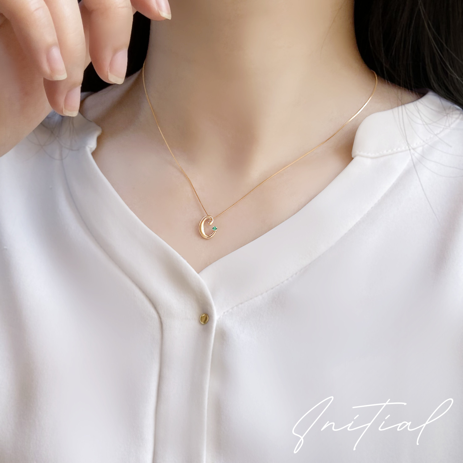 イニシャル [ C ] 5月 誕生石 エメラルド アルファベット K10 ピンクゴールド ネックレス ★在庫あり★