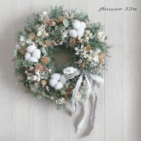 30㌢ コットンフラワーのWhiteリース リース flower32n 通販｜Creema  