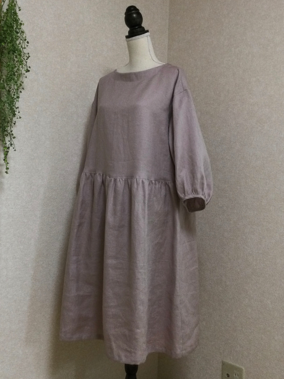 リネン100％ バルーンスリーブワンピース
