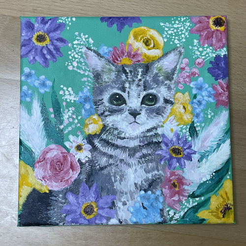 花畑と猫 ハンドメイド 絵画 絵画 しまねこ 通販 19032541