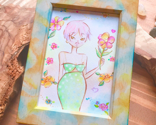 ガールズイラスト & 木製フォトフレーム L判【Floral】水彩 ♥ 壁掛け