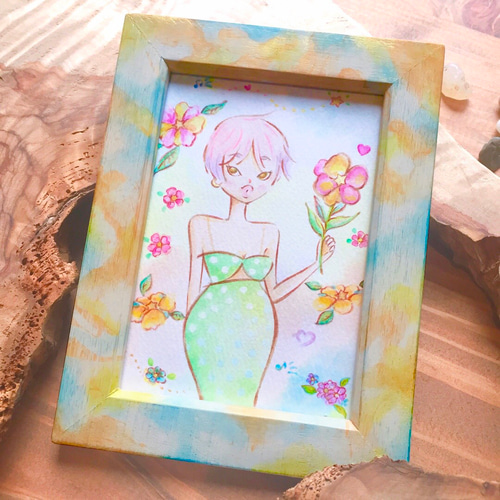 ガールズイラスト & 木製フォトフレーム L判【Floral】水彩 ♥ 壁掛け