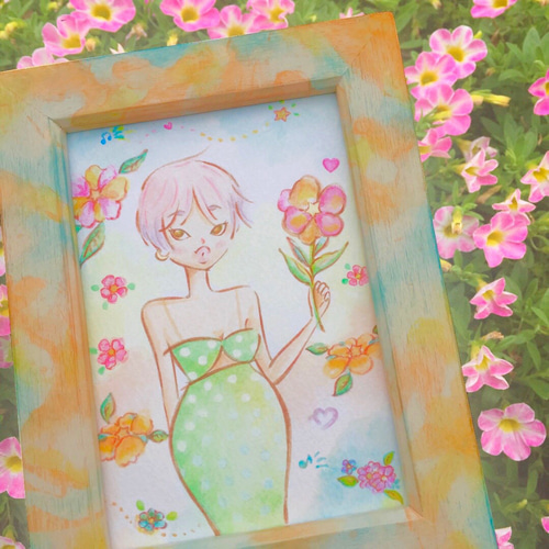 額縁付き手作りのイラスト ガールズイラスト & 木製フォトフレーム【Moonlight】水彩 ♥ 壁掛け