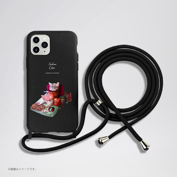 「インドア派のネコ」ストラップ付きiPhoneケース 5枚目の画像