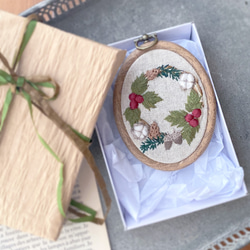 受注制作)クリスマスカラーの木の実リースの刺繍フレーム タペストリー
