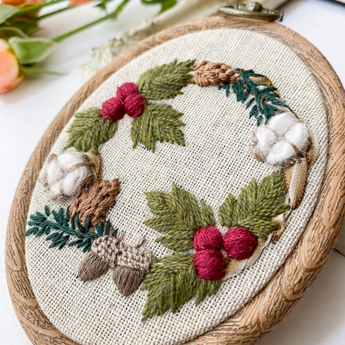 ハンドメイド手刺繍 刺しゅうフレーム きのこのリース ハンドメイド手
