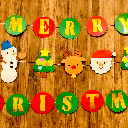 壁面飾り メリークリスマス 文字入りガーランド① 布 Saki's factory