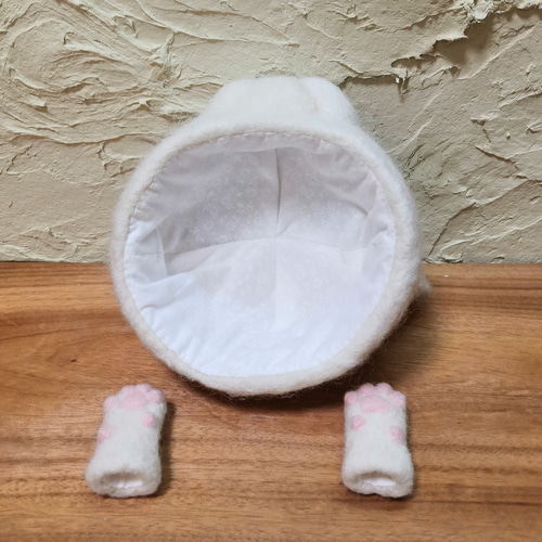 ブライス帽子 羊毛フェルト 白猫帽子 猫手手袋 羊毛フェルト 黒天丸