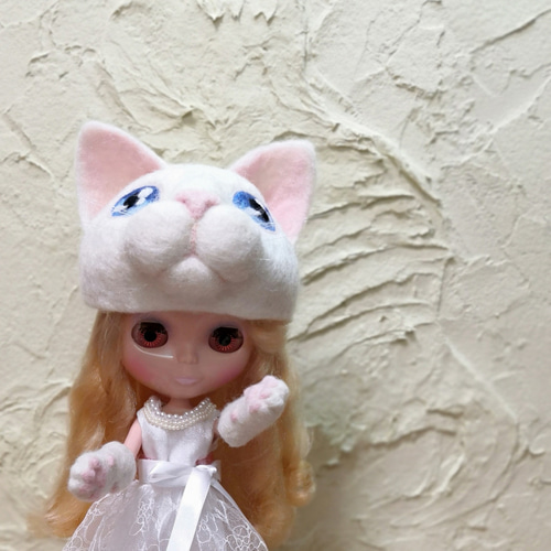ブライス帽子 羊毛フェルト 白猫帽子 猫手手袋 羊毛フェルト 黒天丸 