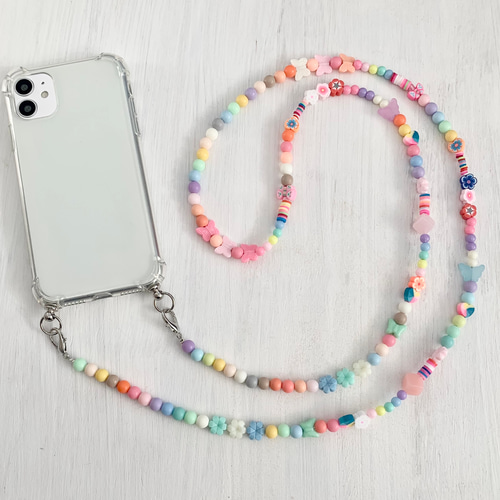 スマホショルダー ビーズ お花 蝶々 ハート スマホストラップ