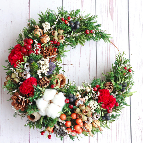 クリスマスリース　三日月リース　冬リース　お正月リース　クリスマスツリー 花材付き】三日月クリスマスリース 動画レッスンキット キット