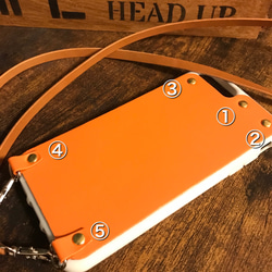 本革　iPhoneケース 落ちないカード入れポケット付き　ストラップ付き 革の色 カシメの色 選べます 名入れ 刻印無料 7枚目の画像