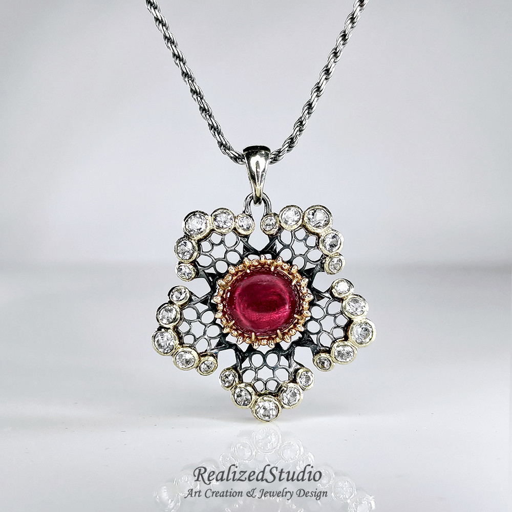 スターフラワー | 中空レースパレススタイルペンダント - ピンクトルマリン.14K ゴールド.S925 シルバー