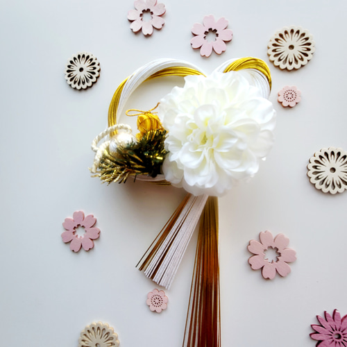 白金水引結びしめ縄飾り白ダリア 2025しめ縄 注連縄 しめ縄リース 正月