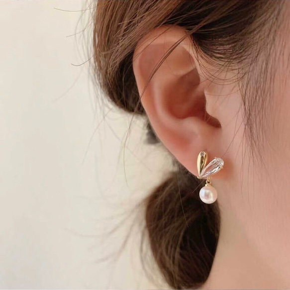 耳環心形銀 925 18K 珍珠搖曳金屬防過敏方晶鋯石禮物 第4張的照片