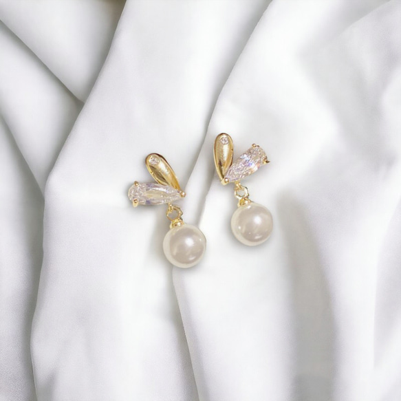 耳環心形銀 925 18K 珍珠搖曳金屬防過敏方晶鋯石禮物 第7張的照片