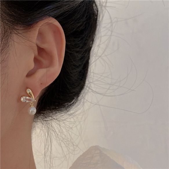 耳環心形銀 925 18K 珍珠搖曳金屬防過敏方晶鋯石禮物 第3張的照片