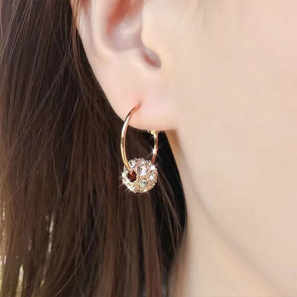耳環，鏡球，大號，金屬過敏相容，施華洛世奇彩色寶石耳環，圈形，擺動，18kRGP 第5張的照片