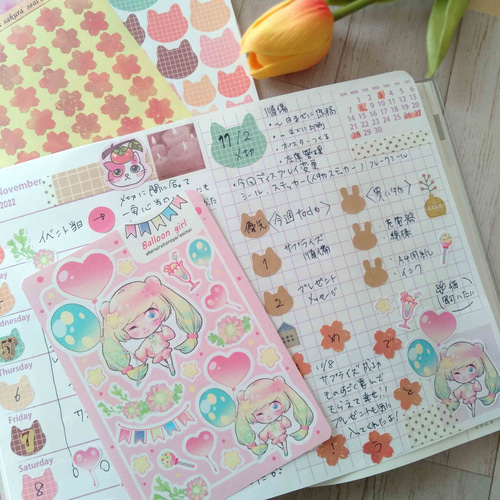 女の子 バルーン ゆめかわ イラスト シートシール 2枚セット
