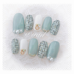 スモーキーグリーン ツイード柄 ネイルチップ ネイルチップ（つけ爪